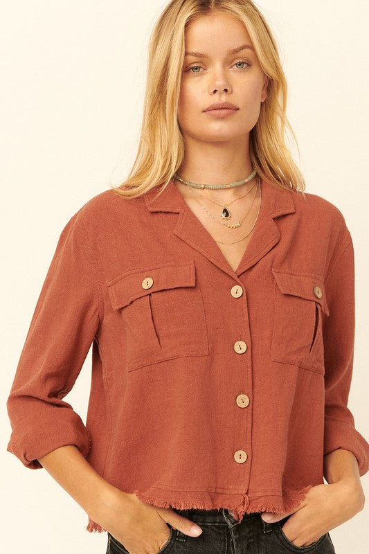 Linen-Blend Buttoned Raw-Edge Pocket Shirt Jacket