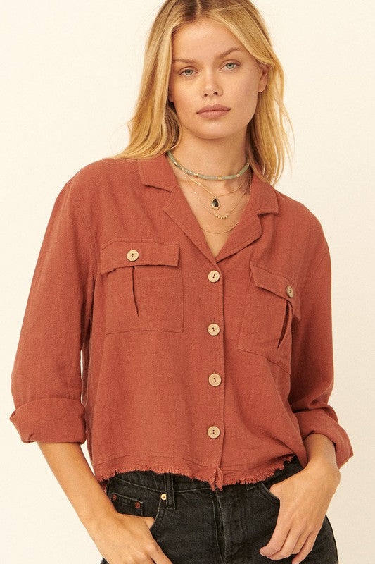 Linen-Blend Buttoned Raw-Edge Pocket Shirt Jacket