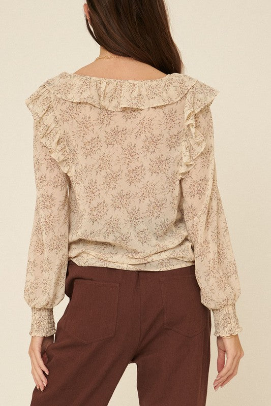 Floral-Print Button Up Ruffled Trim Blouse