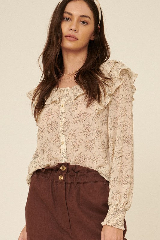 Floral-Print Button Up Ruffled Trim Blouse