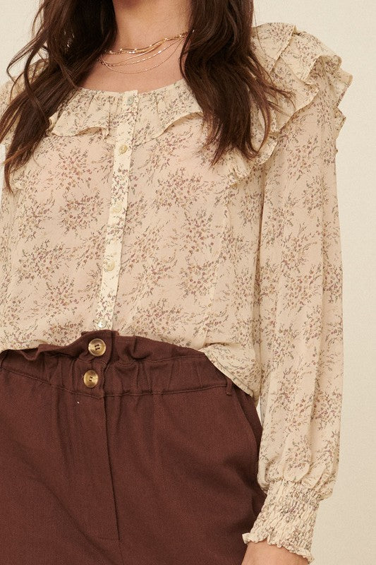 Floral-Print Button Up Ruffled Trim Blouse