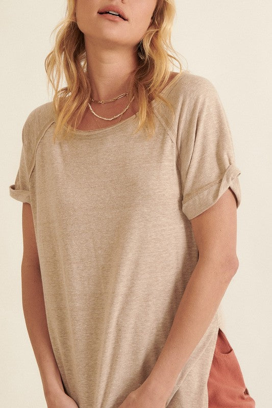 Heathered Knit Cuffed Raglan-Sleeve Tee