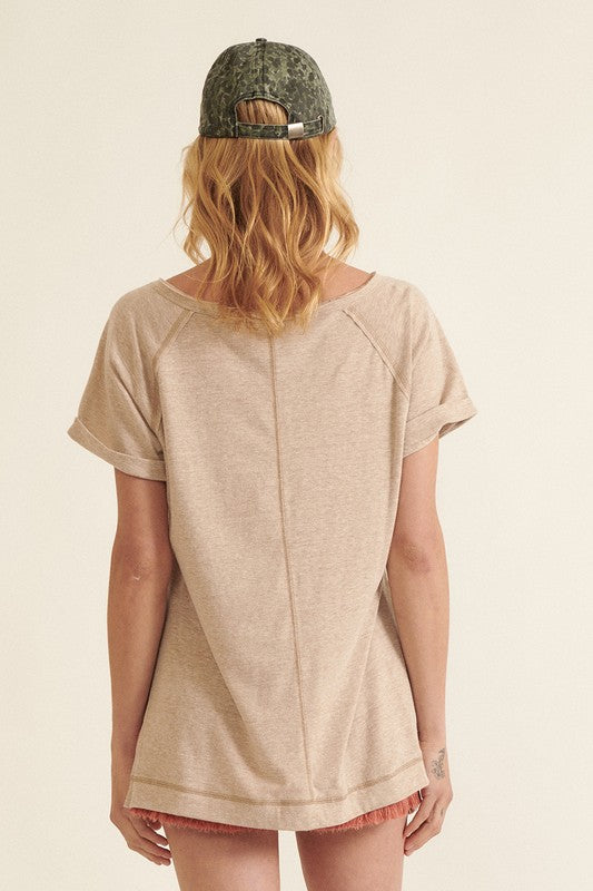 Heathered Knit Cuffed Raglan-Sleeve Tee