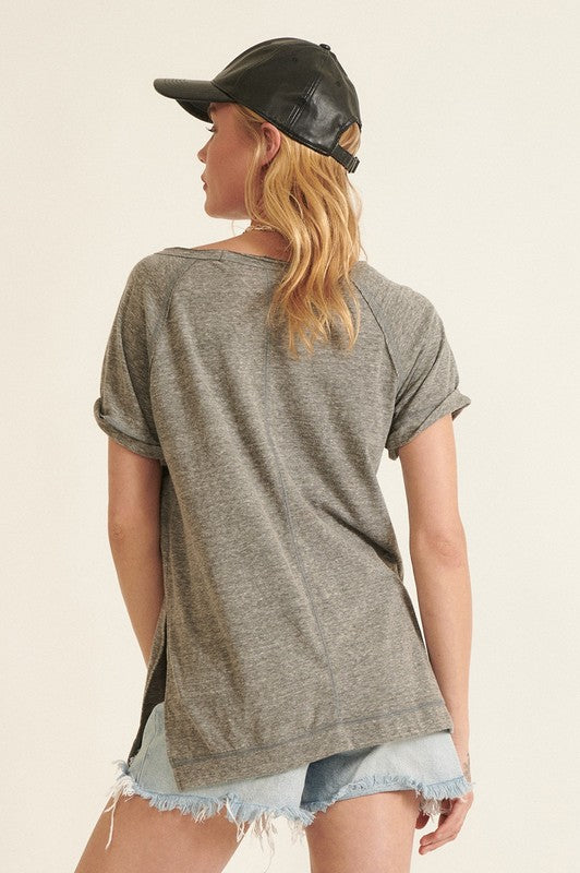 Heathered Knit Cuffed Raglan-Sleeve Tee