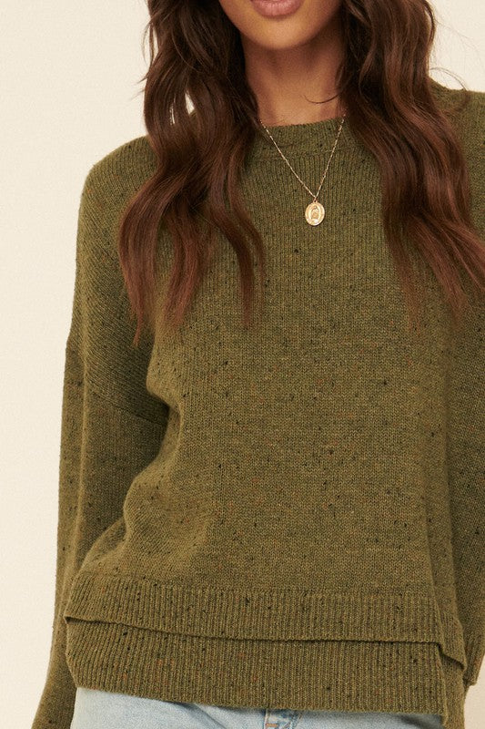 Speckled Knit Layered-Hem Sweater