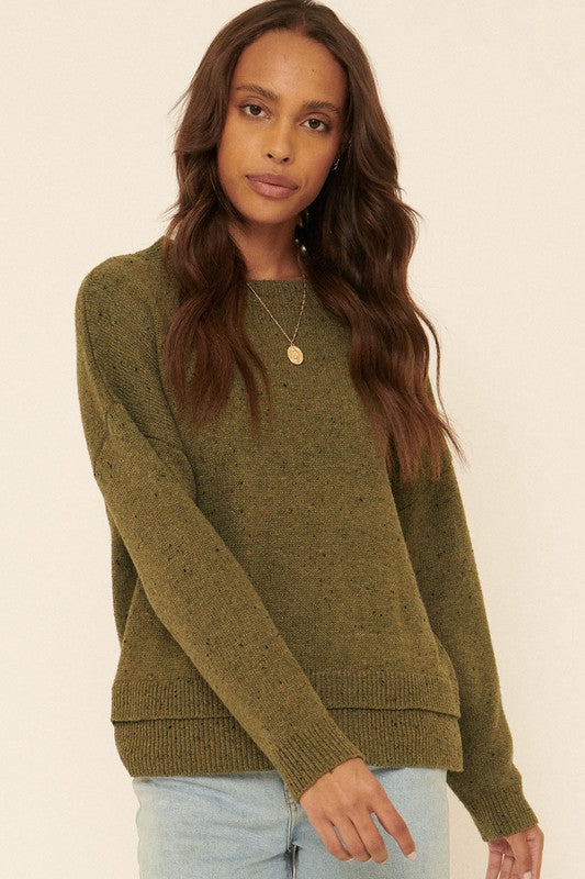 Speckled Knit Layered-Hem Sweater