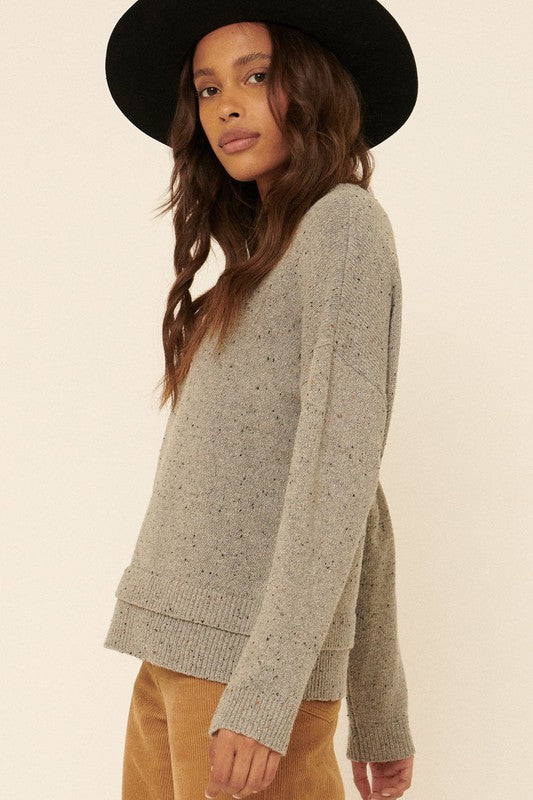 Speckled Knit Layered-Hem Sweater