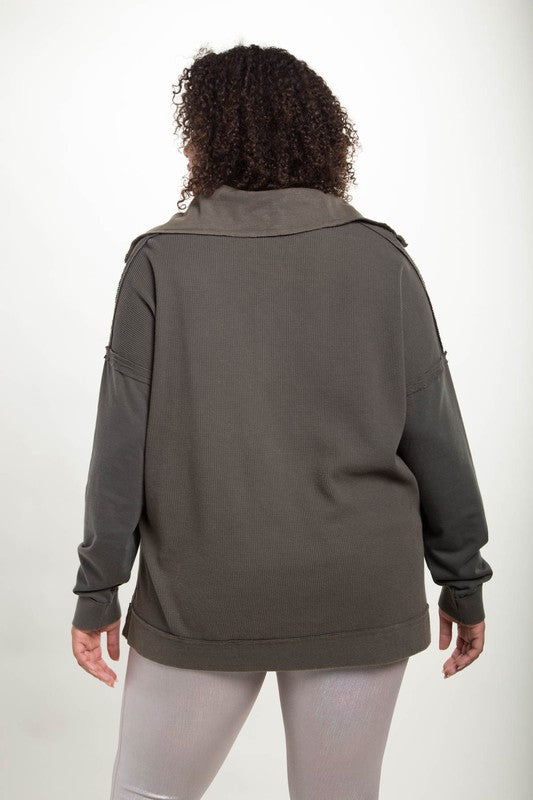 Sleeve Waffle Knit 3/4 Zip