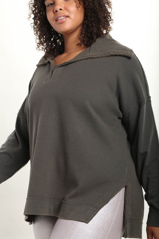Sleeve Waffle Knit 3/4 Zip