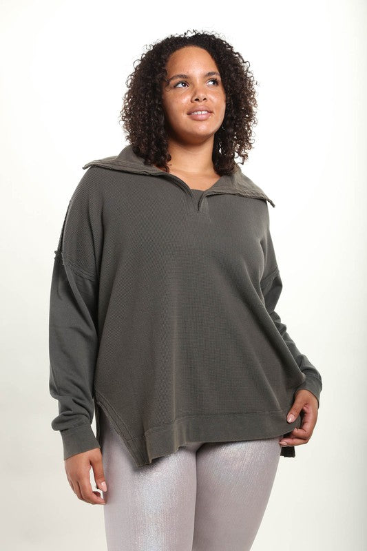 Sleeve Waffle Knit 3/4 Zip