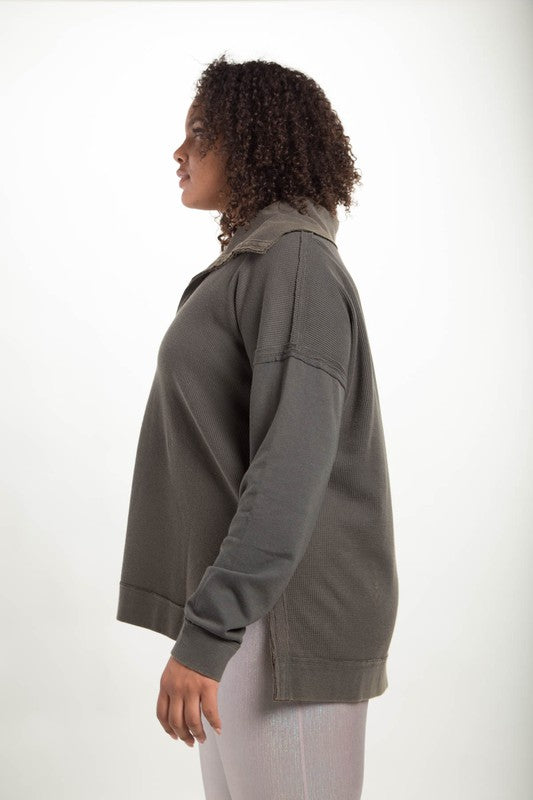 Sleeve Waffle Knit 3/4 Zip