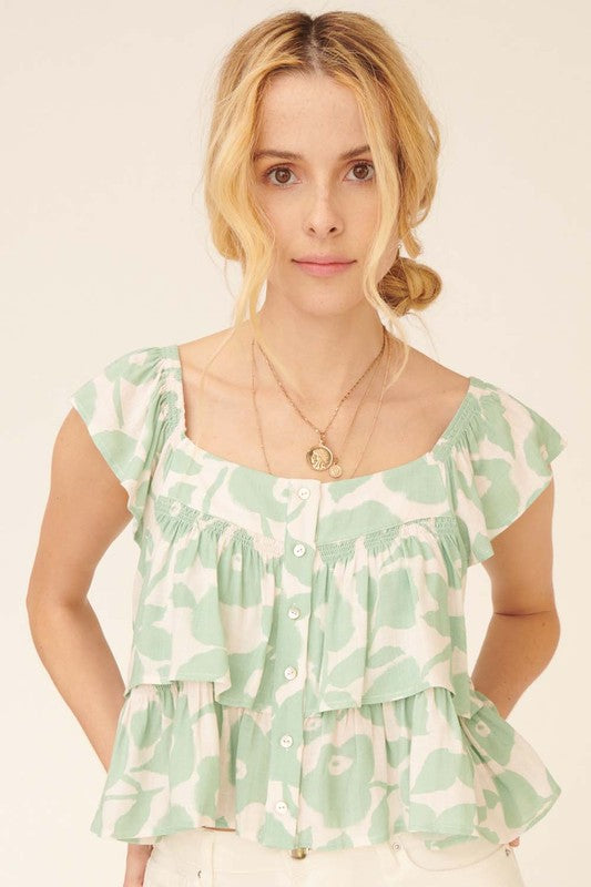 Floral Square Neck Cap Sleeve Button Tiered Top