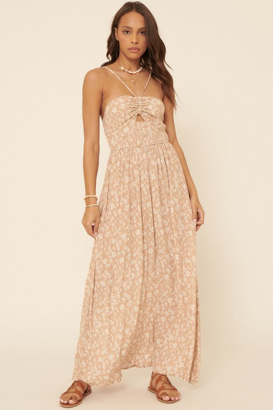 Floral Straight Neck Ruched Bodice Maxi Dress