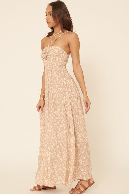 Floral Straight Neck Ruched Bodice Maxi Dress