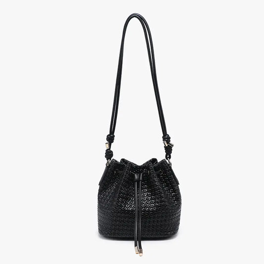 Elliana Faux Woven Bucket Bag w/ Drawstring & Snap Closure