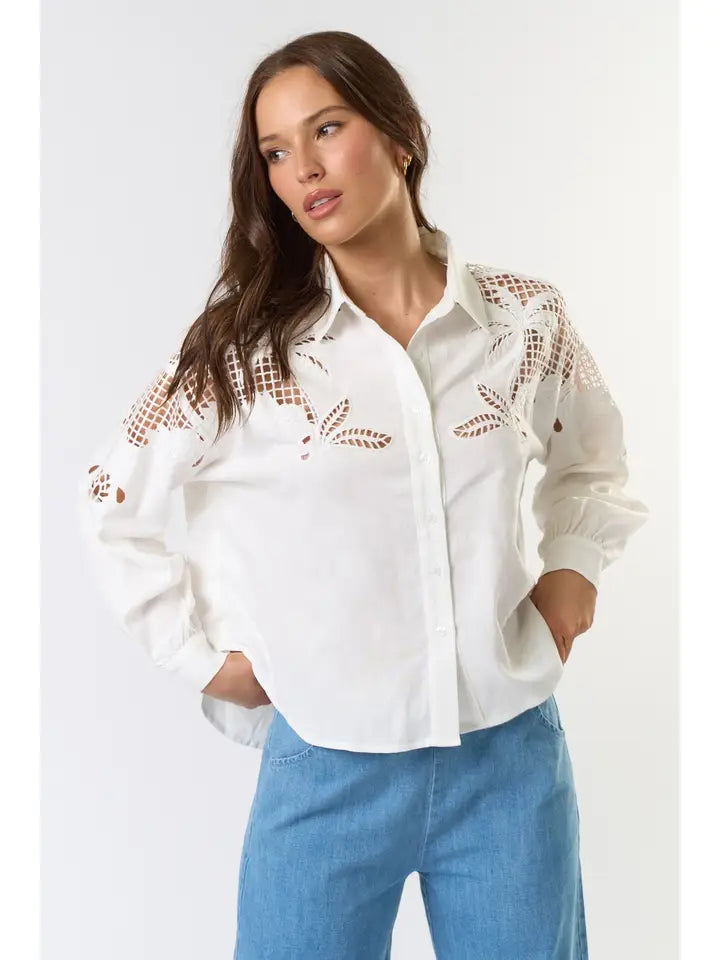 Embroidered Cutout Button Down Shirt