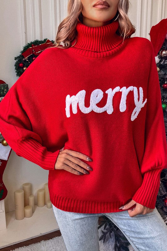 High Neck Merry Letter Embroidered Sweater