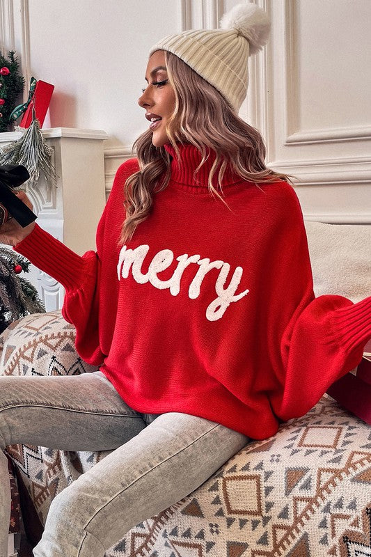 High Neck Merry Letter Embroidered Sweater