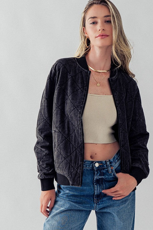 Diamond Quilted Zip Up Cotton Bomber Jacket