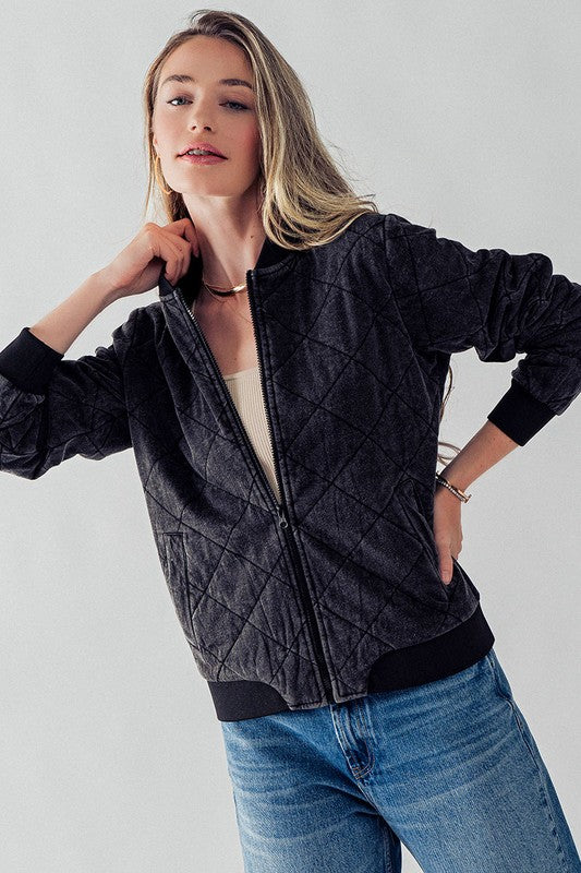 Diamond Quilted Zip Up Cotton Bomber Jacket