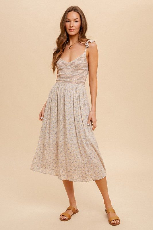 Midi Dress With Floral And Smocking Detail