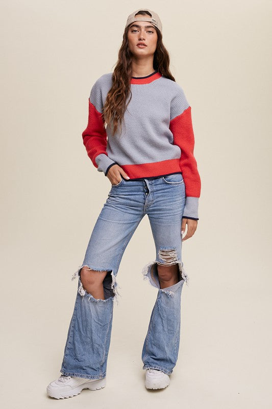 Color Block Ribbed Knit Sweater