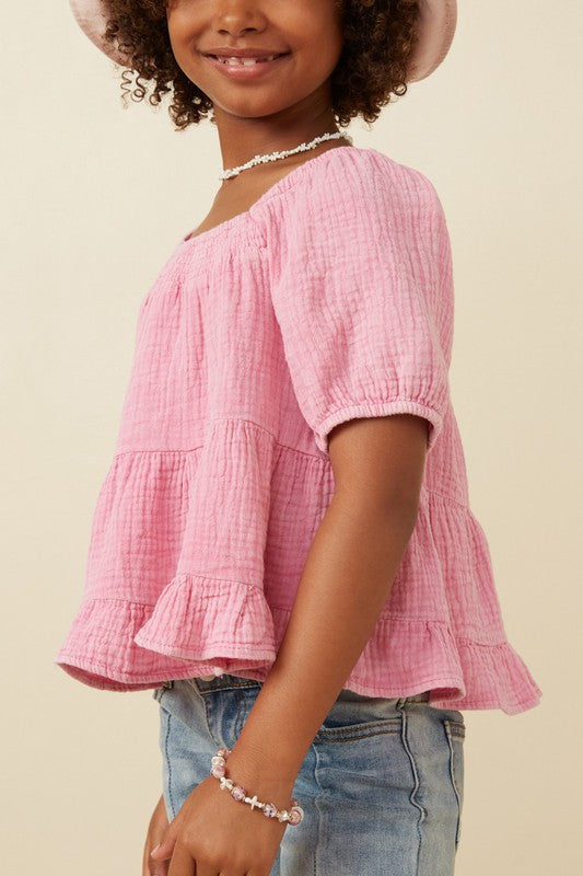 Girls Washed Smock Detail Puff Sleeve Gauze Top