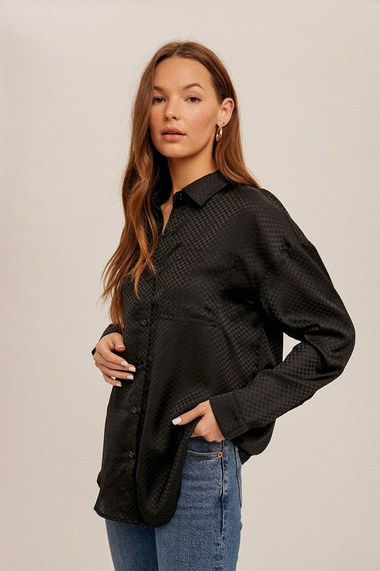 Checkered Jacquard Button Down Blouse
