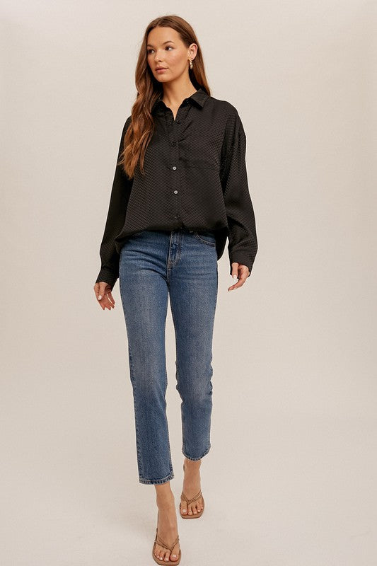 Checkered Jacquard Button Down Blouse