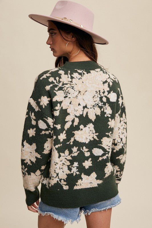 Refined Floral Design Crew Neck Knit Sweatert