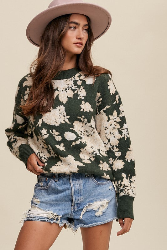 Refined Floral Design Crew Neck Knit Sweatert