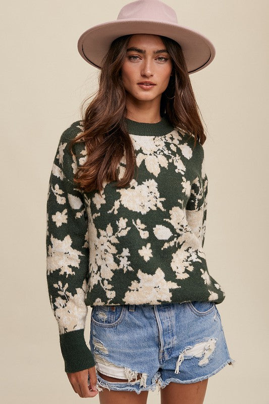 Refined Floral Design Crew Neck Knit Sweatert