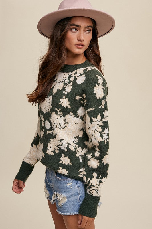 Refined Floral Design Crew Neck Knit Sweatert