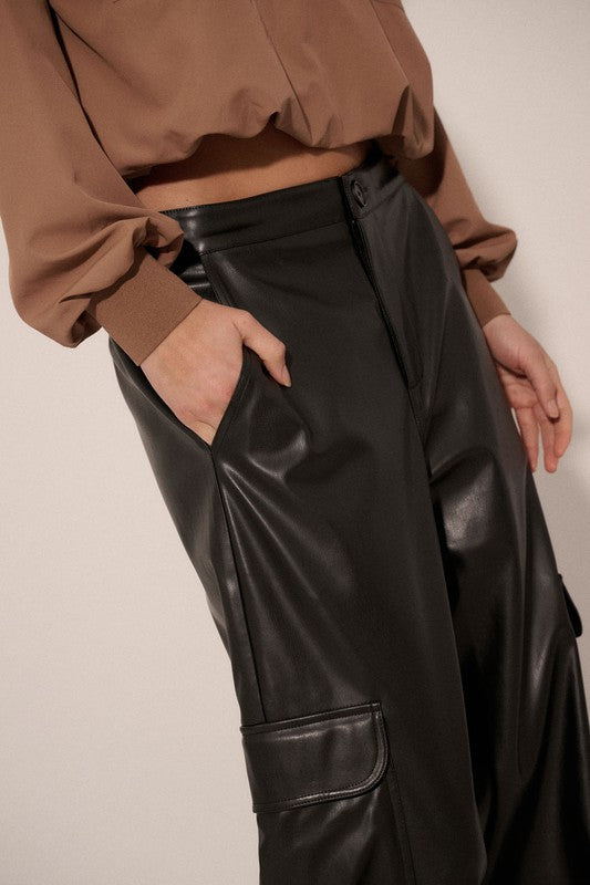 Faux Leather Zip Up Fly Cargo Pocket Pants