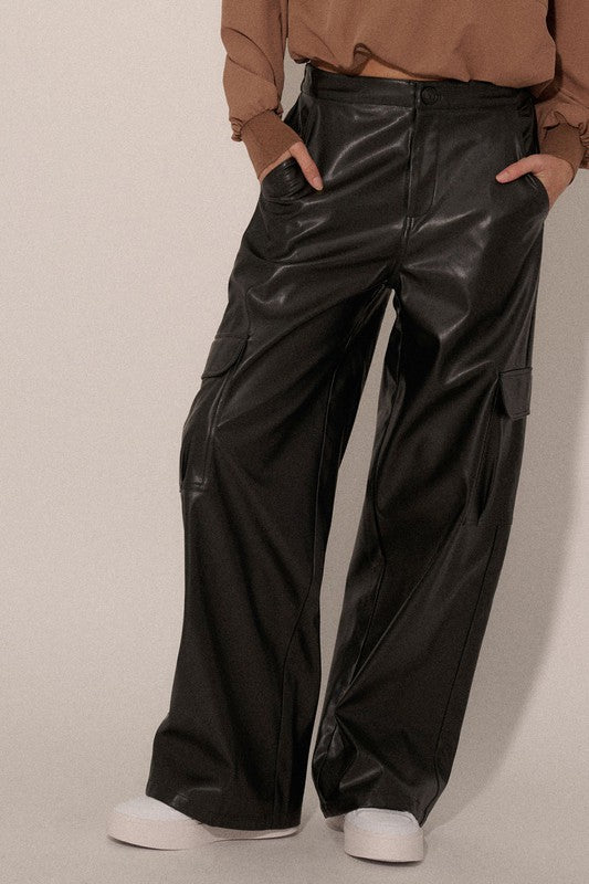 Faux Leather Zip Up Fly Cargo Pocket Pants