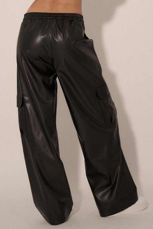 Faux Leather Zip Up Fly Cargo Pocket Pants