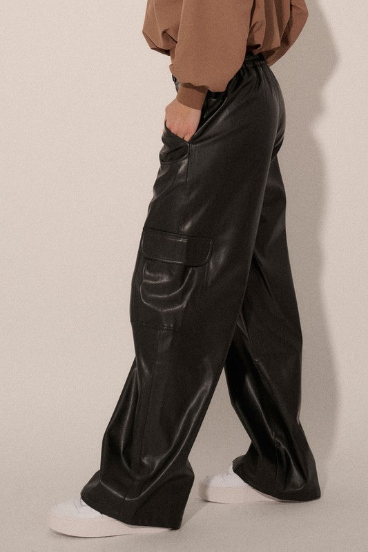 Faux Leather Zip Up Fly Cargo Pocket Pants