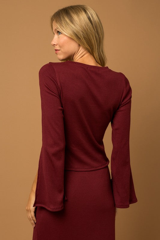 Long Bell Slit Sleeve Rib Top