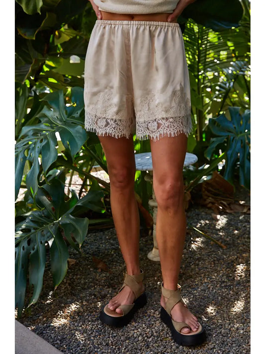 Woven Elastic Waist Shorts with Lace Detail