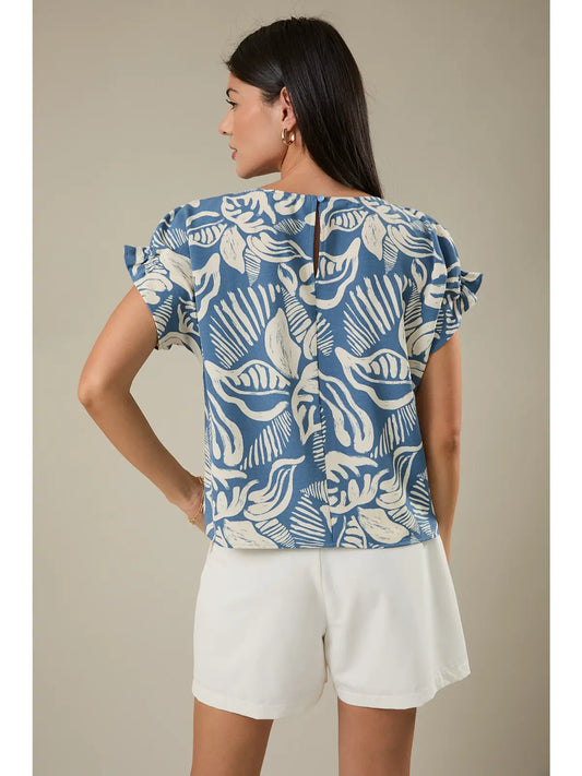 Round Neck Ruffle Puff Short Sleeve Leaf Print Top