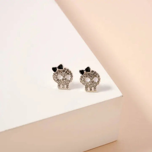 Halloween Skull with Bow Rhinestones Stud Earrings