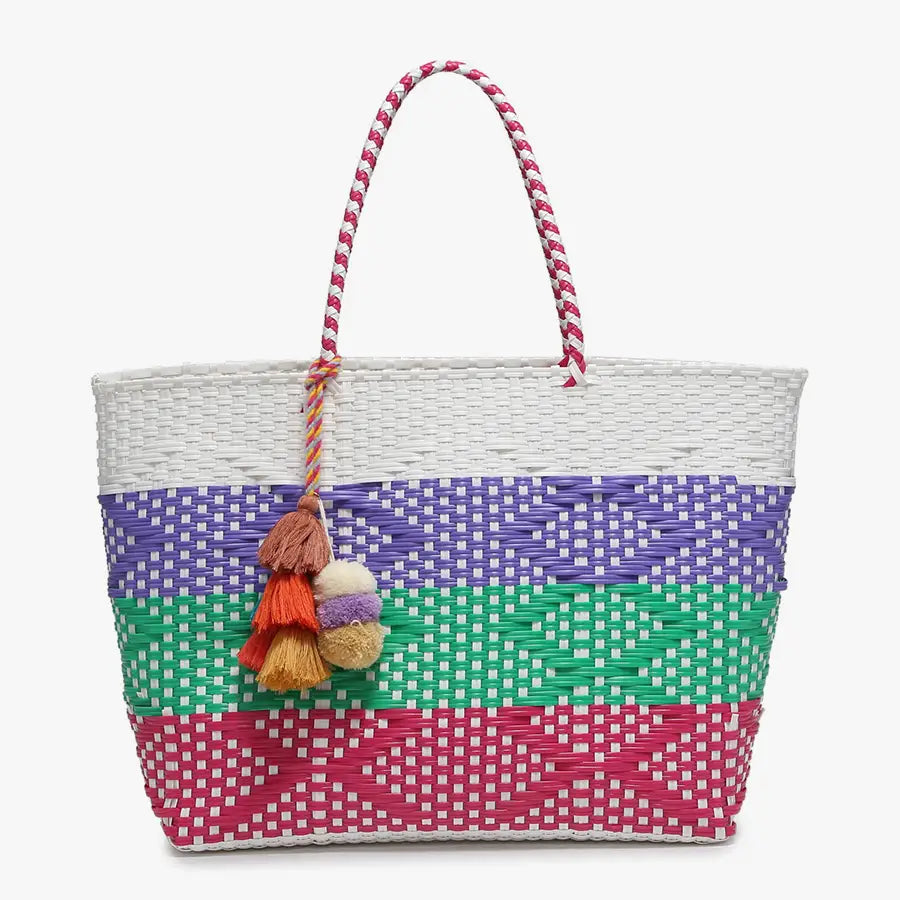 Shelby Large Handwoven Tote w/ Pom-Poms