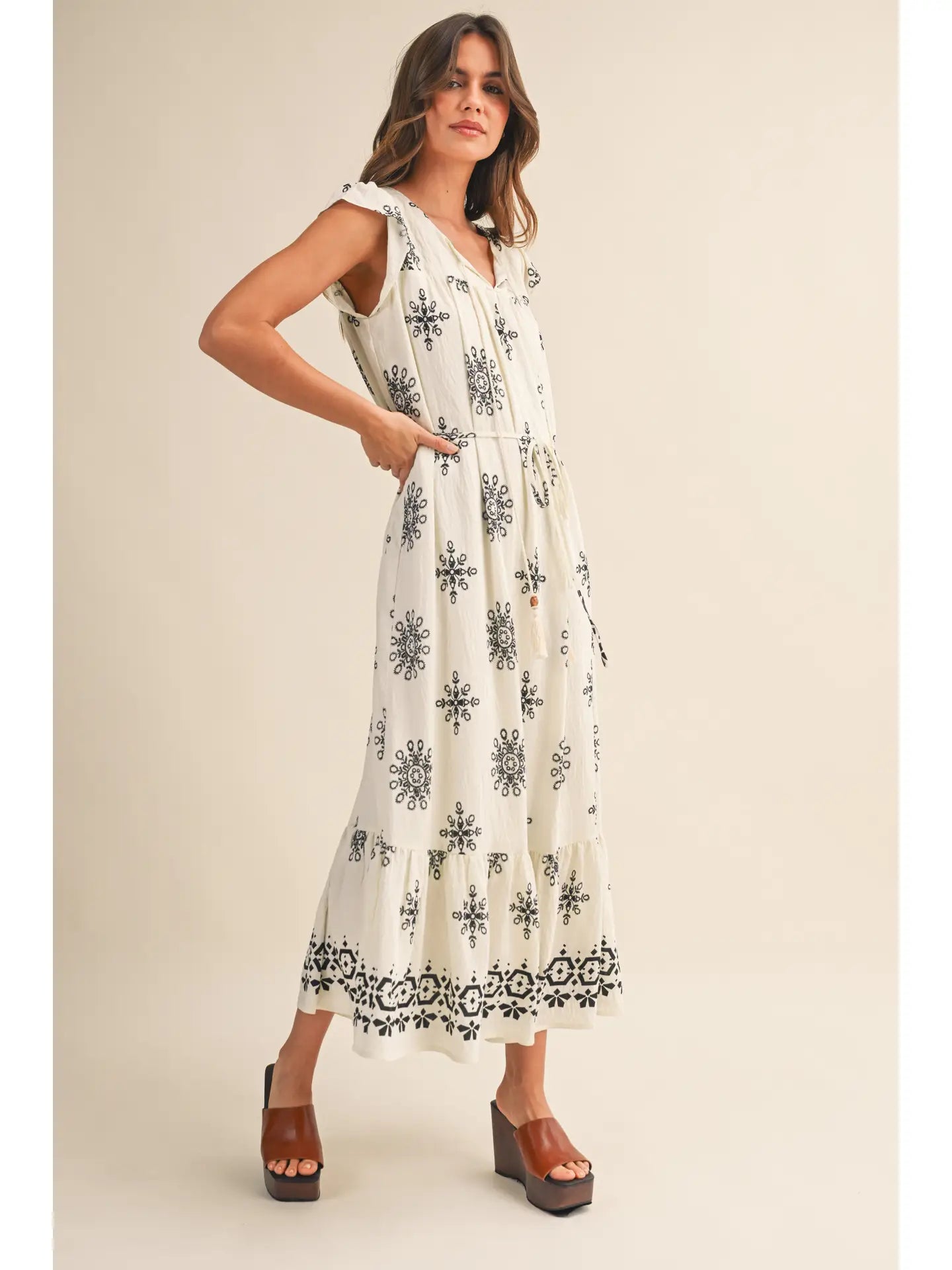 Belted Border Print Flutter Sleeve Midi Dress