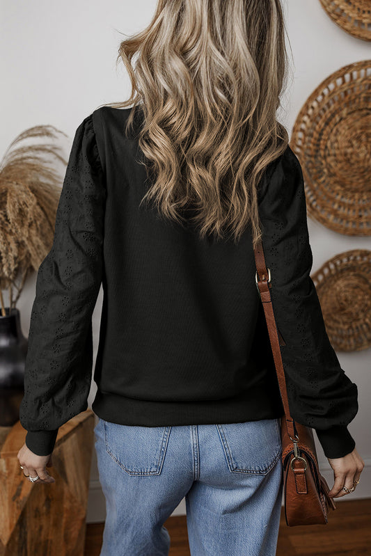 Pre-Order Black Eyelet Embroidered Patchwork Sleeve Ribbed Sweatshirt