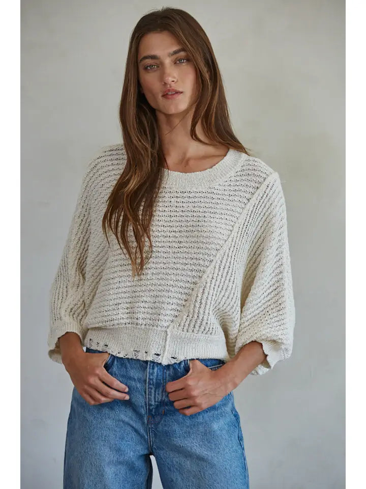 Knit Sweater Round Neck 3/4 Sleeve Pullover Top