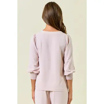 Washed Stretch Satin 3/4 Puff Sleeve Blouse