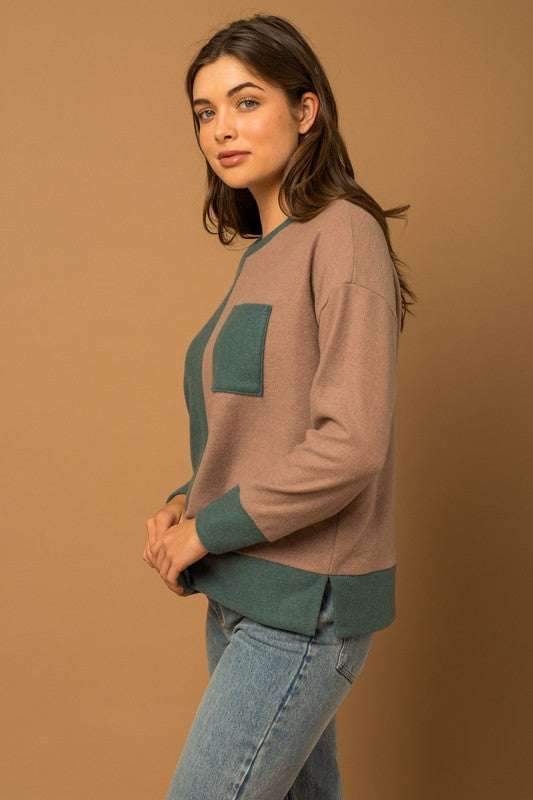 Long Sleeve Color Block Front Pocket Top