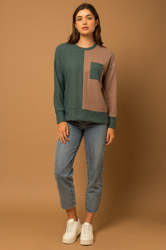 Long Sleeve Color Block Front Pocket Top