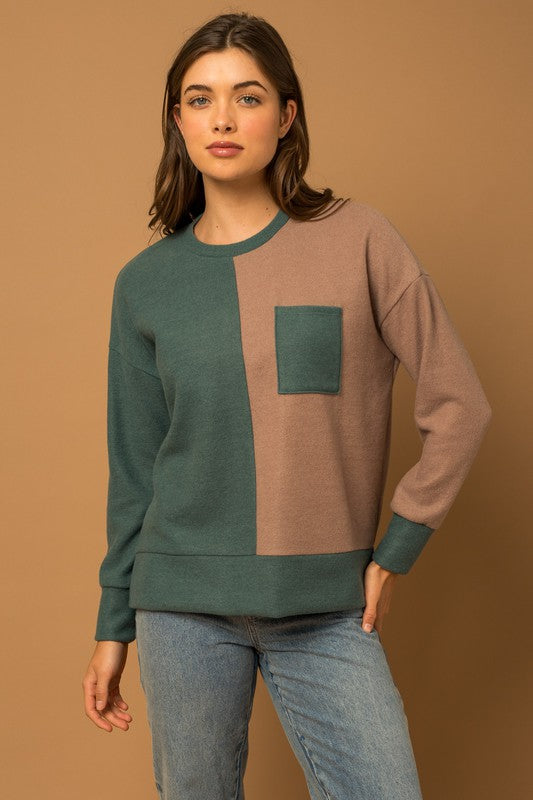 Long Sleeve Color Block Front Pocket Top