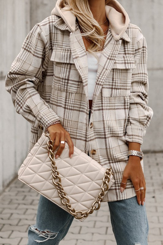 Plaid Removable Hood Buttoned Shacket